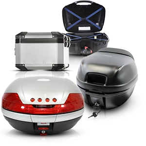 Various motorcycle top cases made of aluminium and plastic.